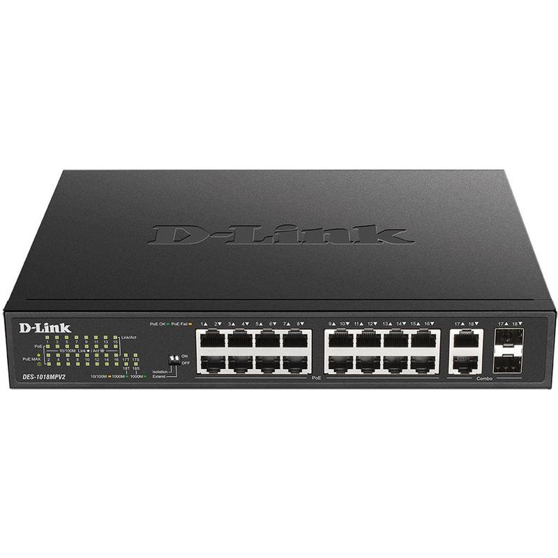 Коммутатор неуправляемый DES-1018MPV2/A1A 16х100Мбит 2G 16PoE+ 247Вт D-Link 1819219