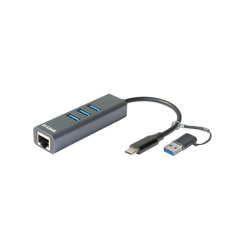 Адаптер сетевой DUB-2332/A1A Gigabit Ethernet/USB Type-C (3 порта USB 3.0 + переходник USB Type-C/USB Type-A) D-link 1870303