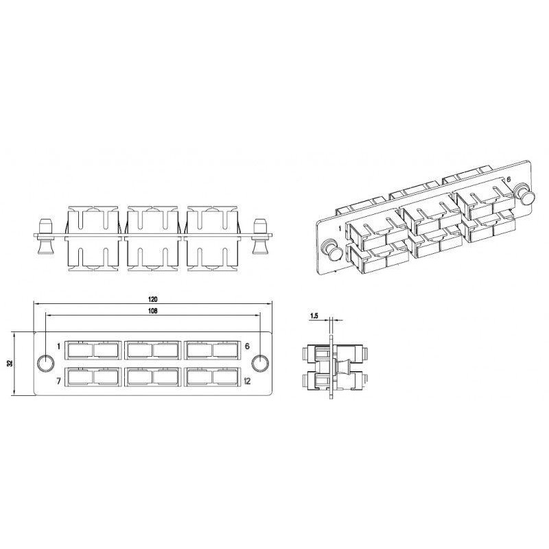Панель FO-FPM-W120H32-6DSC-BL для FO-19BX с 6 SC (duplex) адаптерами 12 волокон одномод. 120х32мм адаптеры а син. (blue) Hyperli