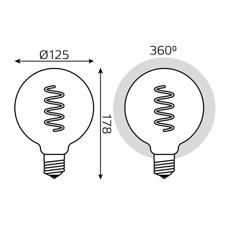 Лампа светодиодная филаментная Black Filament 5Вт G125 шар 1800К тепл. бел. E27 190лм GAUSS 1013802105 Лампа светодиодная филаментная Black Filament 5Вт G125 шар 1800К тепл. бел. E27 190лм GAUSS 1013802105