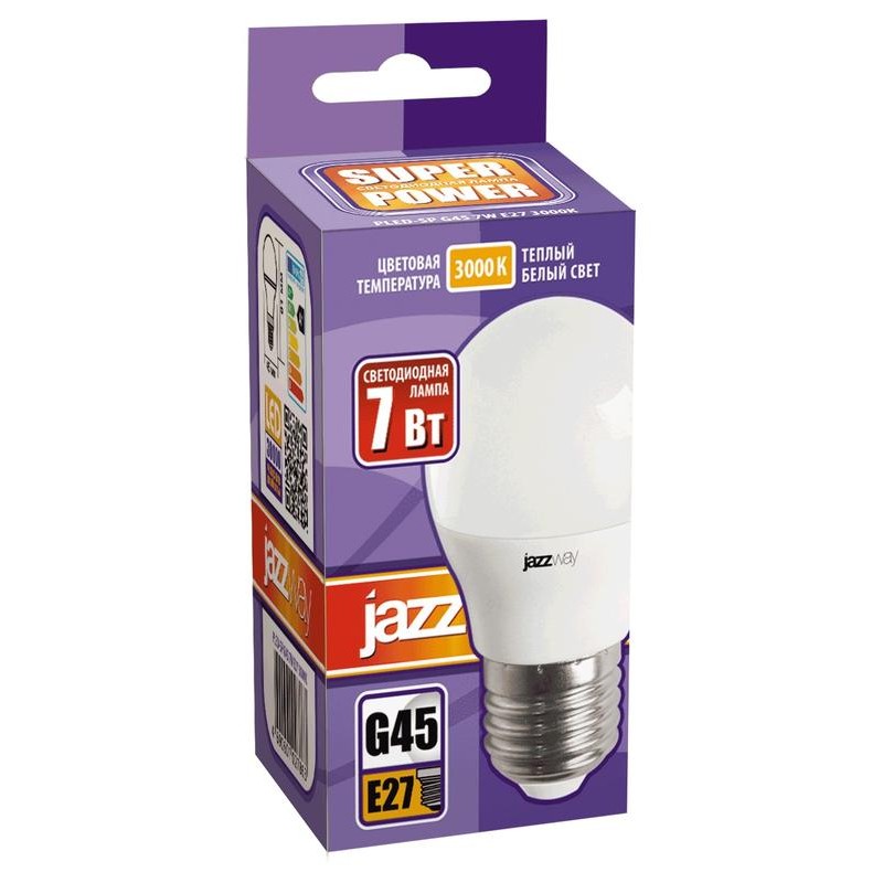 Лампа светодиодная PLED-SP 7Вт G45 шар 3000К тепл. бел. E27 540лм 230В JazzWay 1027863-2 Лампа светодиодная PLED-SP 7Вт G45 шар 3000К тепл. бел. E27 540лм 230В JazzWay 1027863-2