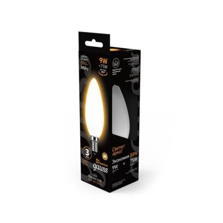Лампа светодиодная филаментная Black Filament 9Вт свеча матовая 3000К тепл. бел. E14 590лм GAUSS 103201109