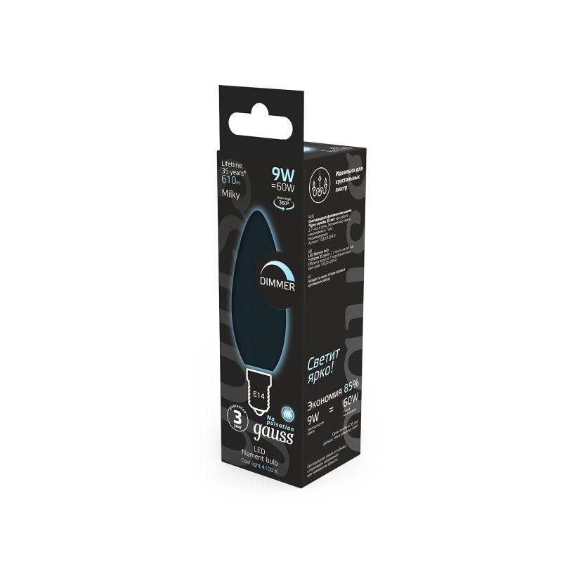 Лампа светодиодная филаментная Black Filament 9Вт свеча матовая 4100К нейтр. бел. E14 610лм диммир. GAUSS 103201209-D