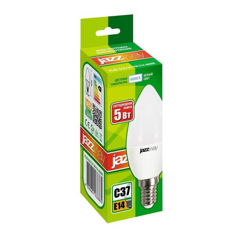 Лампа светодиодная PLED-ECO 5Вт C37 свеча матовая 4000К нейтр. бел. E14 400лм 230В 50Гц JazzWay 1036865A Лампа светодиодная PLED-ECO 5Вт C37 свеча матовая 4000К нейтр. бел. E14 400лм 230В 50Гц JazzWay 1036865A