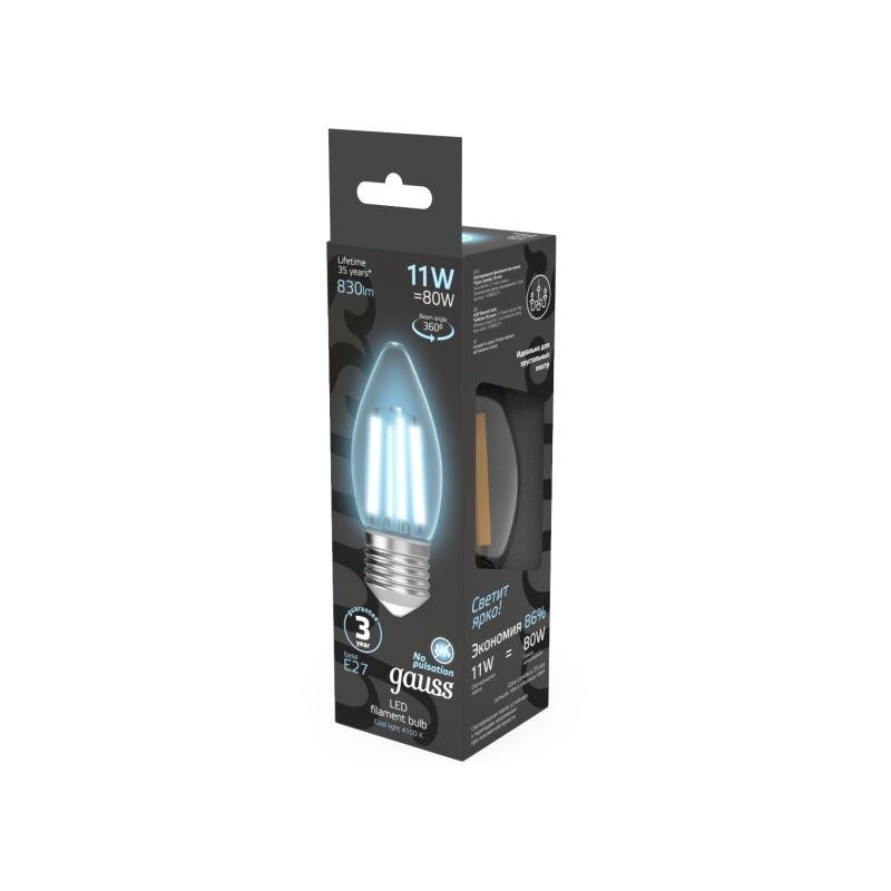 Лампа светодиодная филаментная Black Filament 11Вт свеча 4100К нейтр. бел. E27 830лм GAUSS 103802211