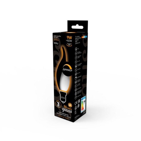 Лампа светодиодная филаментная Black Filament 9Вт свеча на ветру матовая 3000К тепл. бел. E14 590лм диммир. GAUSS 104201109-D
