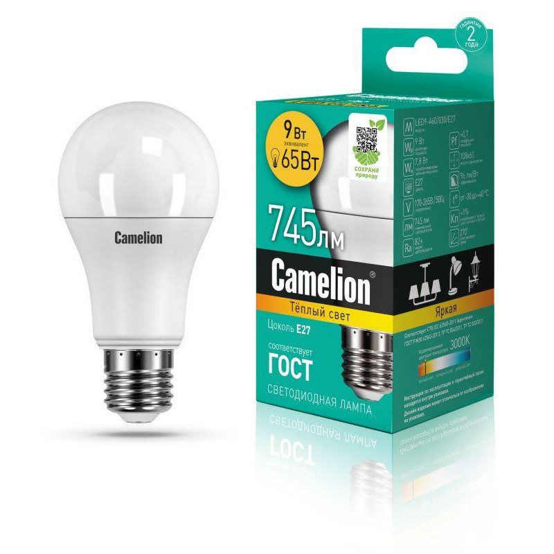 Лампа светодиодная LED9-A60/830/E27 9Вт грушевидная матовая 3000К тепл. бел. E27 745лм 170-265В Camelion 12043 Лампа светодиодная LED9-A60/830/E27 9Вт грушевидная матовая 3000К тепл. бел. E27 745лм 170-265В Camelion 12043
