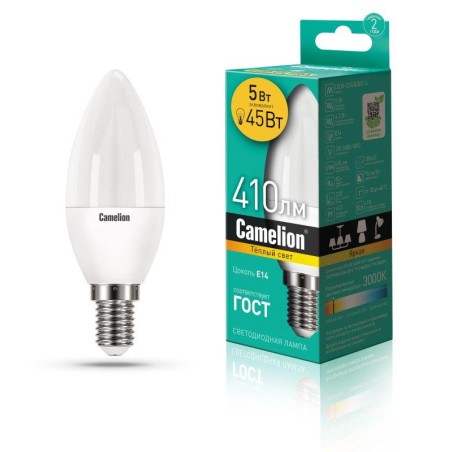 Лампа светодиодная LED5-C35/830/E14 5Вт свеча матовая 3000К тепл. бел. E14 410лм 170-265В Camelion 12031