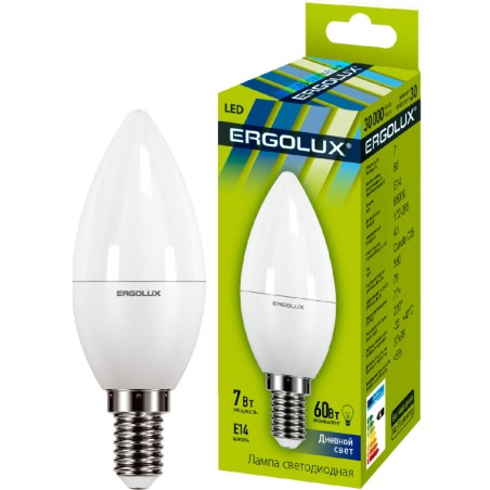 Лампа светодиодная LED-C35-7W-E14-6500K "Свеча" 172-265В Ergolux 12874