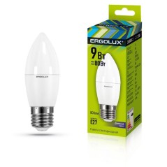 Лампа светодиодная LED-C35-9W-E27-6К Свеча 9Вт E27 6500К 172-265В Ergolux 13172