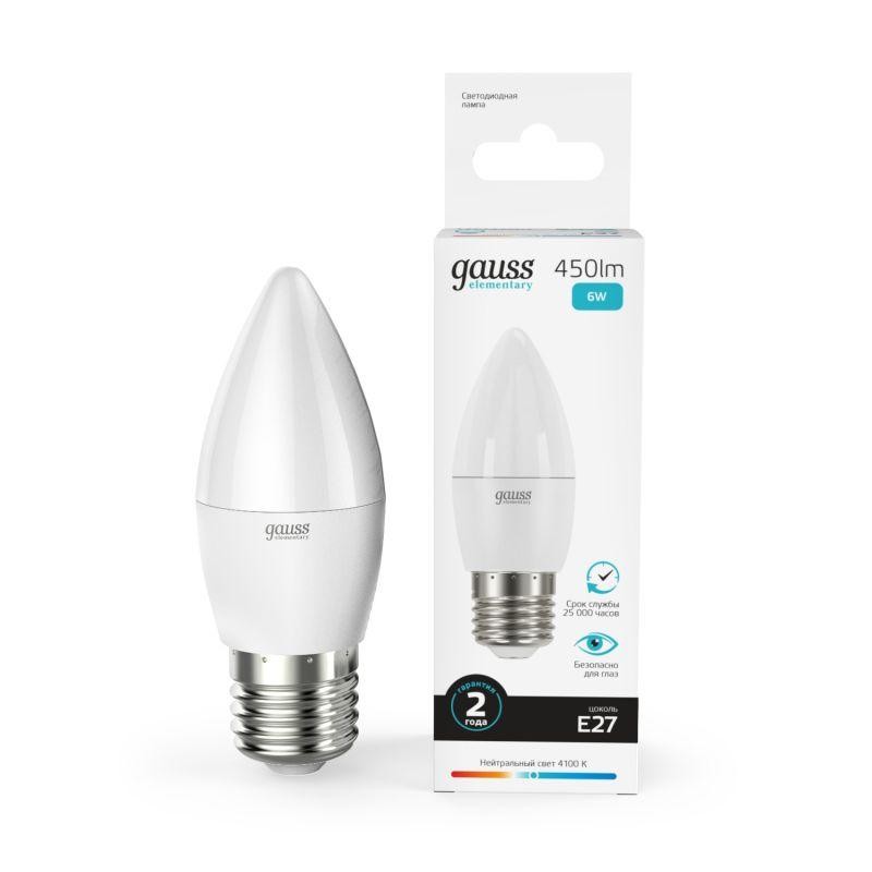 Лампа светодиодная Elementary 6Вт свеча 4100К нейтр. бел. E27 450лм GAUSS 33226