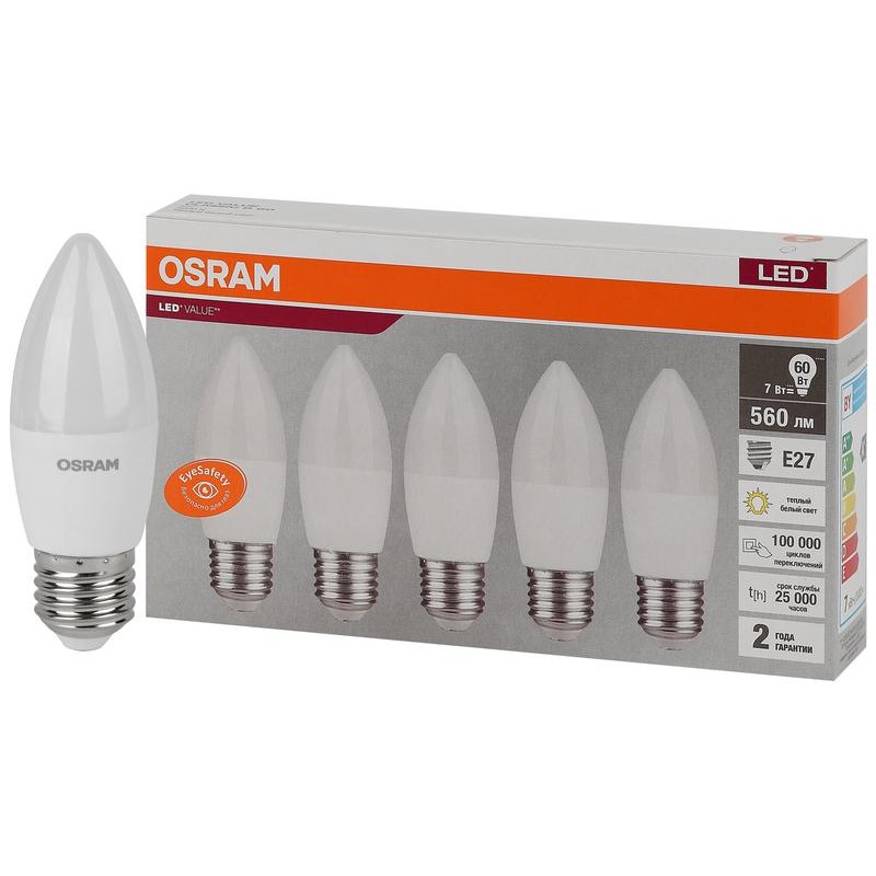 Лампа светодиодная LED Value LVCLB60 7SW/830 7Вт свеча матовая E27 230В 2х5 RU (уп.5шт) OSRAM 4058075578012 Лампа светодиодная LED Value LVCLB60 7SW/830 7Вт свеча матовая E27 230В 2х5 RU (уп.5шт) OSRAM 4058075578012