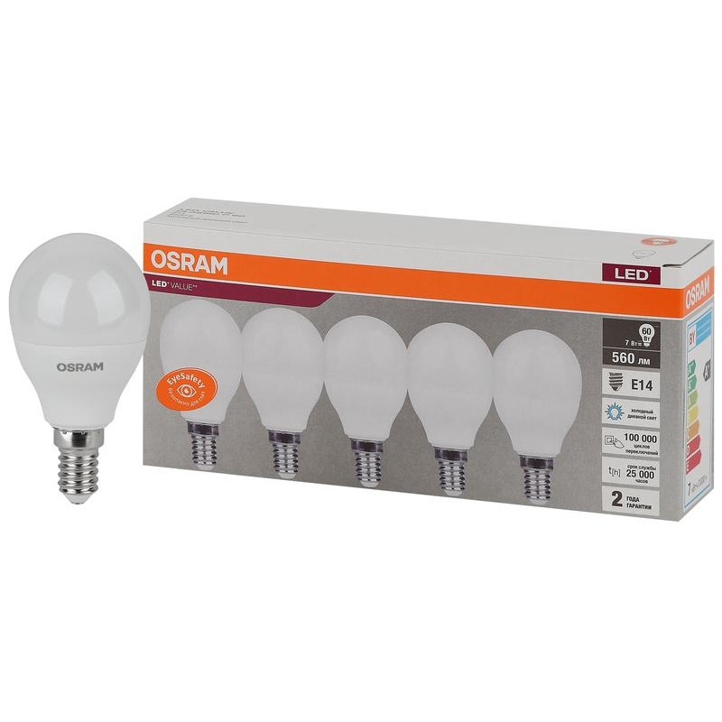 Лампа светодиодная LED Value LVCLP60 7SW/865 7Вт шар матовая E14 230В 2х5 RU (уп.5шт) OSRAM 4058075578166 Лампа светодиодная LED Value LVCLP60 7SW/865 7Вт шар матовая E14 230В 2х5 RU (уп.5шт) OSRAM 4058075578166