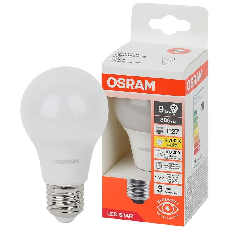 Лампа светодиодная LED Star 9Вт 2700К тепл. бел. E27 806лм A угол пучка 180град. 170-250В (замена 75Вт) матов. пластик OSRAM 405