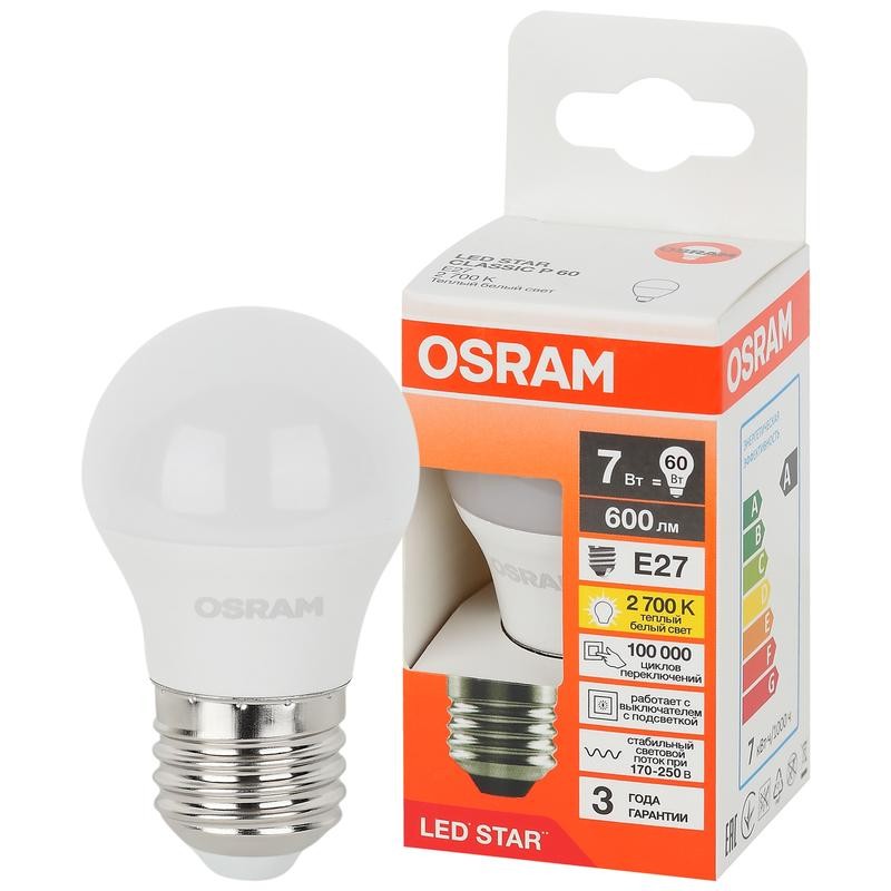 Лампа светодиодная LED Star 7Вт шар 2700К E27 600лм (замена 60Вт) OSRAM 4058075696389