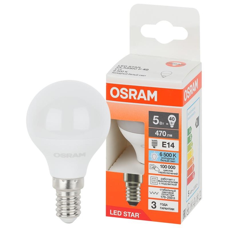 Лампа светодиодная LED Star 5Вт 6500К холод. бел. E14 470лм P угол пучка 180град. 170-250В (замена 40Вт) матов. пластик OSRAM 40