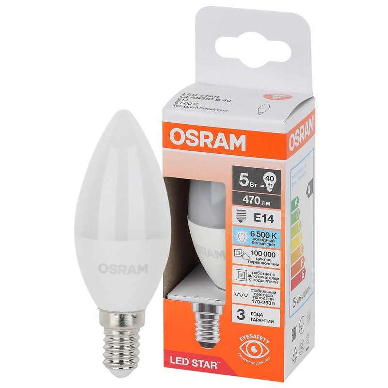 Лампа светодиодная LED Star 5Вт 6500К холод. бел. E14 470лм B угол пучка 200град. 170-250В (замена 40Вт) матов. пластик OSRAM 40