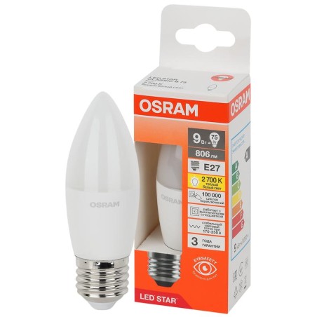 Лампа светодиодная LED Star 9Вт 2700К тепл. бел. E27 806лм B угол пучка 200град. 170-250В (замена 75Вт) матов. пластик OSRAM 405