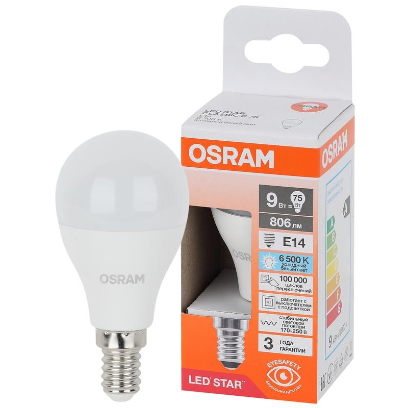 Лампа светодиодная LED Star 9Вт 6500К холод. бел. E14 806лм P угол пучка 180град. 170-250В (замена 75Вт) матов. пластик OSRAM 40 Лампа светодиодная LED Star 9Вт 6500К холод. бел. E14 806лм P угол пучка 180град. 170-250В (замена 75Вт) матов. пластик OSRAM 40