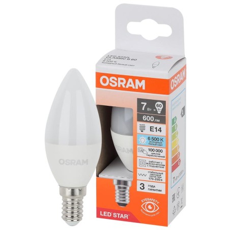 Лампа светодиодная LED Star 7Вт 6500К холод. бел. E14 600лм B угол пучка 200град. 170-250В (замена 60Вт) матов. пластик OSRAM 40