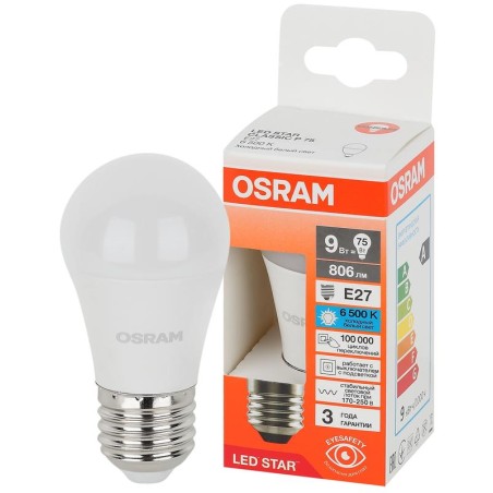Лампа светодиодная LED Star 9Вт 6500К холод. бел. E27 806лм P угол пучка 180град. 170-250В (замена 75Вт) матов. пластик OSRAM 40