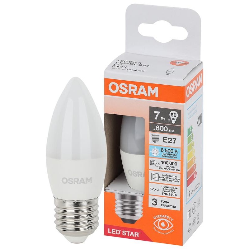 Лампа светодиодная LED Star 7Вт 6500К холод. бел. E27 600лм B угол пучка 200град. 170-250В (замена 60Вт) матов. пластик OSRAM 40