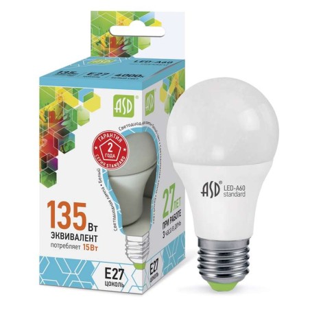 Лампа светодиодная LED-A60-standard 15Вт грушевидная 4000К нейтр. бел. E27 1350лм 160-260В ASD 4690612002101
