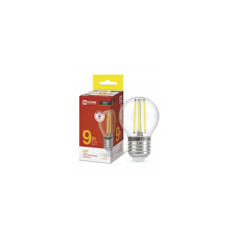 Лампа светодиодная LED-ШАР-deco 9Вт шар прозрачная 3000К тепл. бел. E27 1040лм 230В IN HOME 4690612026268