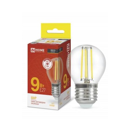 Лампа светодиодная LED-ШАР-deco 9Вт шар прозрачная 3000К тепл. бел. E27 1040лм 230В IN HOME 4690612026268