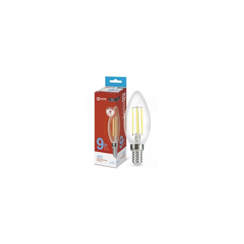 Лампа светодиодная LED-СВЕЧА-deco 9Вт свеча прозрачная 6500К холод. бел. E14 1040лм 230В IN HOME 4690612030197