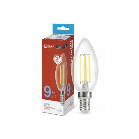 Лампа светодиодная LED-СВЕЧА-deco 9Вт свеча прозрачная 6500К холод. бел. E14 1040лм 230В IN HOME 4690612030197