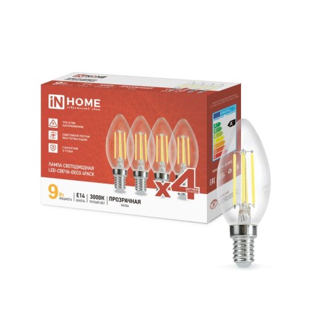 Лампа светодиодная филаментная LED-СВЕЧА-deco 4PACK 9Вт свеча прозрачная 3000К тепл. бел. E14 1040лм 230В (уп.4шт) IN HOME 46906