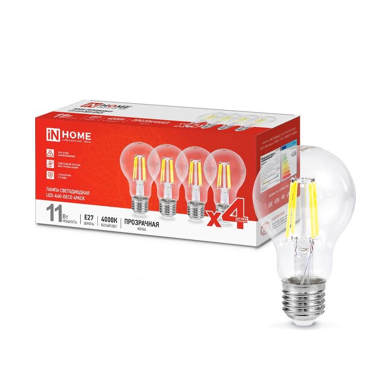 Лампа светодиодная филаментная LED-A60-deco 4PACK 11Вт прозрачная 4000К нейтр. бел. E27 1160лм 230В (уп.4шт) IN HOME 46906120534 Лампа светодиодная филаментная LED-A60-deco 4PACK 11Вт прозрачная 4000К нейтр. бел. E27 1160лм 230В (уп.4шт) IN HOME 46906120534