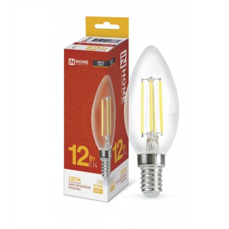 Лампа светодиодная LED-СВЕЧА-deco 12Вт 230В E14 3000К 1350лм прозрачная IN HOME 4690612053660