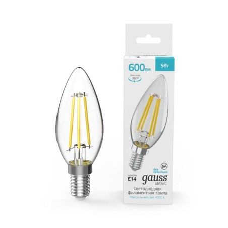 Лампа светодиодная филаментная Basic Filament 5Вт Свеча 4000К E14 600лм GAUSS 50312252