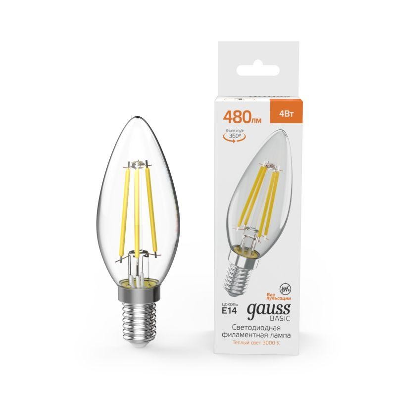 Лампа светодиодная филаментная Basic Filament 4Вт Свеча 3000К E14 480лм GAUSS 50312142 Лампа светодиодная филаментная Basic Filament 4Вт Свеча 3000К E14 480лм GAUSS 50312142