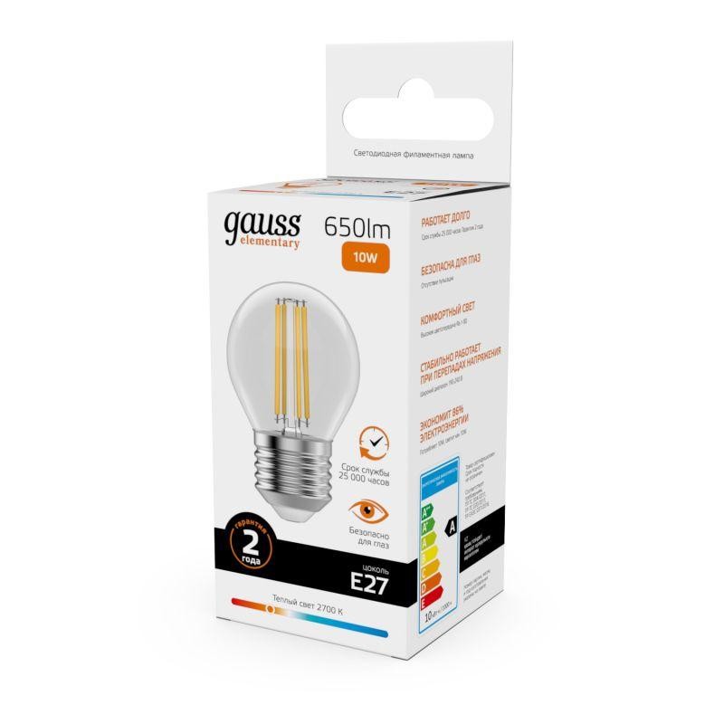 Лампа светодиодная филаментная Filament Elementary 10Вт шар 2700К Е27 650лм GAUSS 52210 Лампа светодиодная филаментная Filament Elementary 10Вт шар 2700К Е27 650лм GAUSS 52210