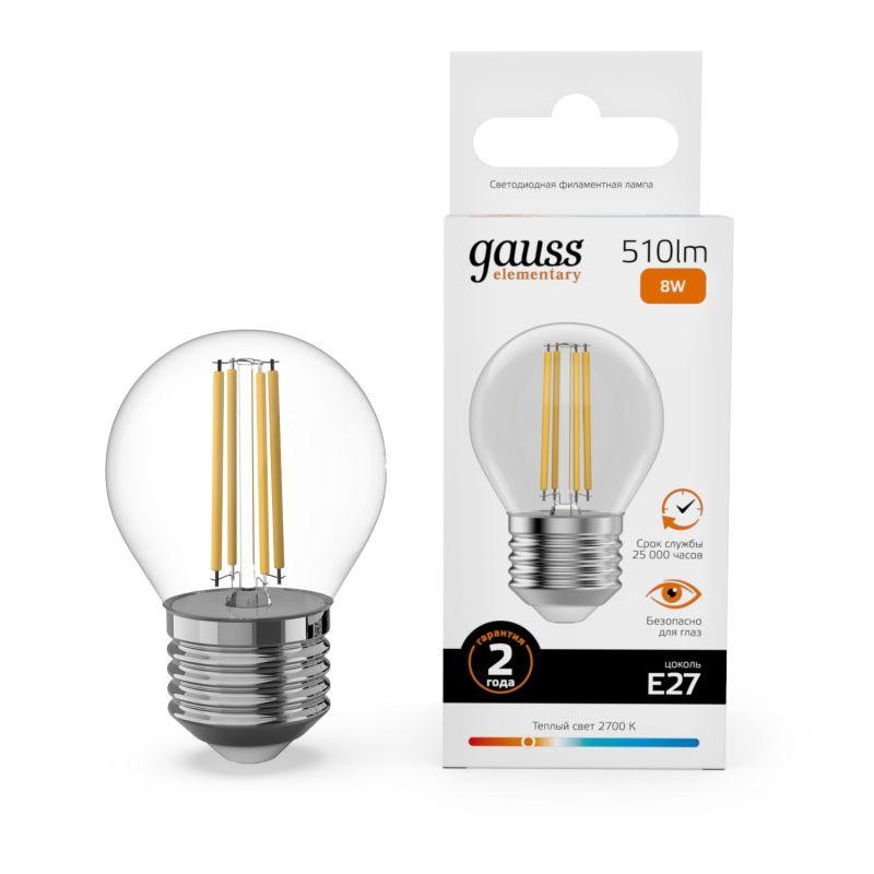 Лампа светодиодная филаментная Filament Elementary 8Вт шар 2700К Е27 510лм GAUSS 52218