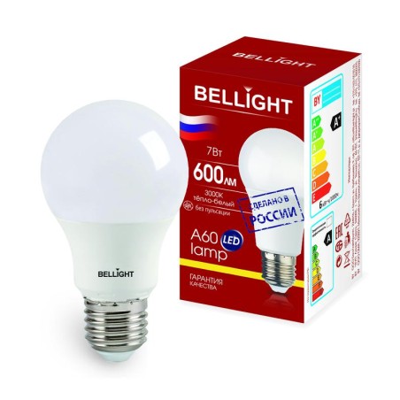 Лампа светодиодная LED A60 220В 7Вт E27 750лм 3000К BELLIGHT 88297785