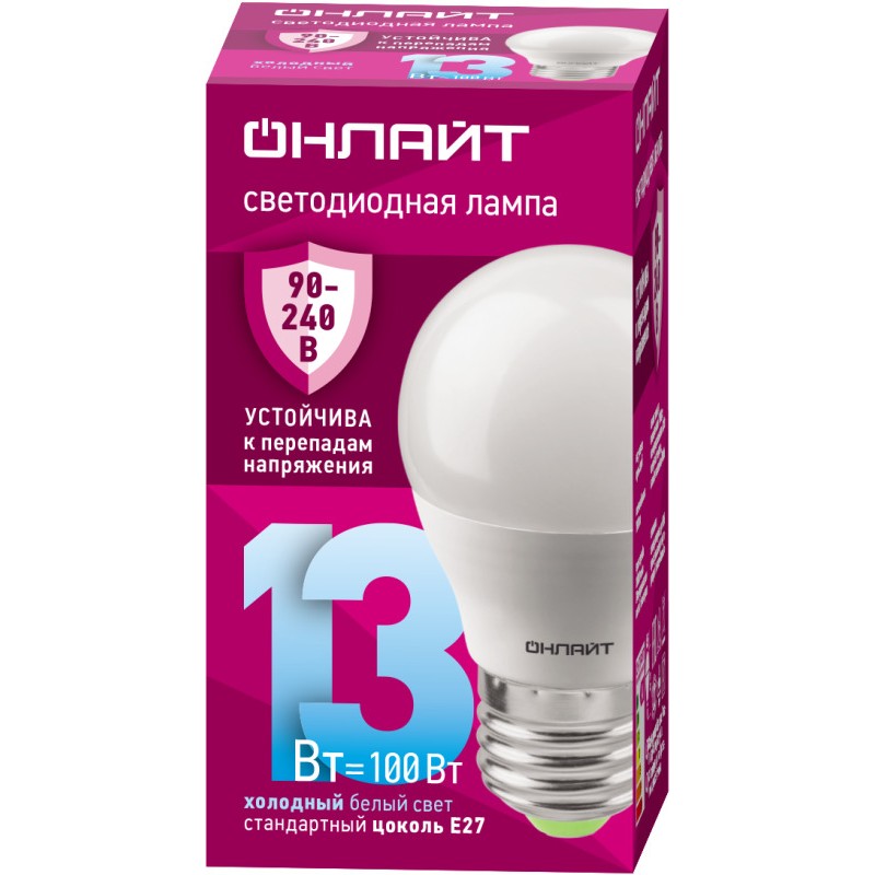 Лампа светодиодная 90 428 OLL-G45-13-230-6.5K-E27-FR (PRO 90-240В) ОНЛАЙТ 90428 Лампа светодиодная 90 428 OLL-G45-13-230-6.5K-E27-FR (PRO 90-240В) ОНЛАЙТ 90428