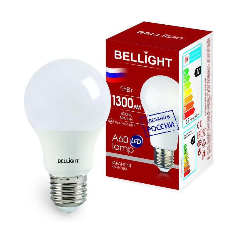 Лампа светодиодная LED A60 220В 15Вт E27 1300лм 4000К BELLIGHT 83830729