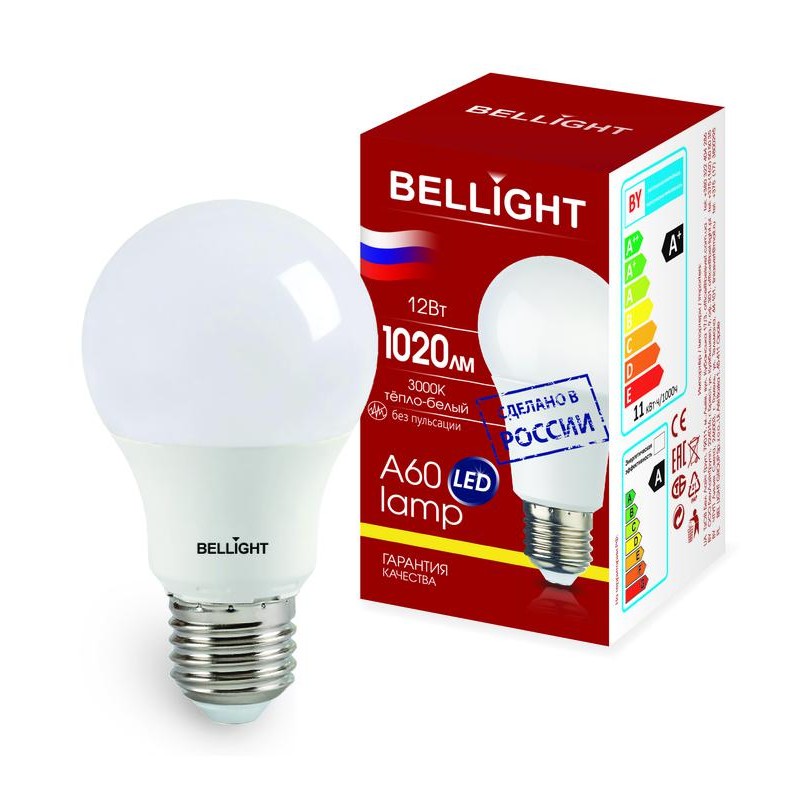Лампа светодиодная LED A60 220В 12Вт E27 1020лм 3000К BELLIGHT 88297789