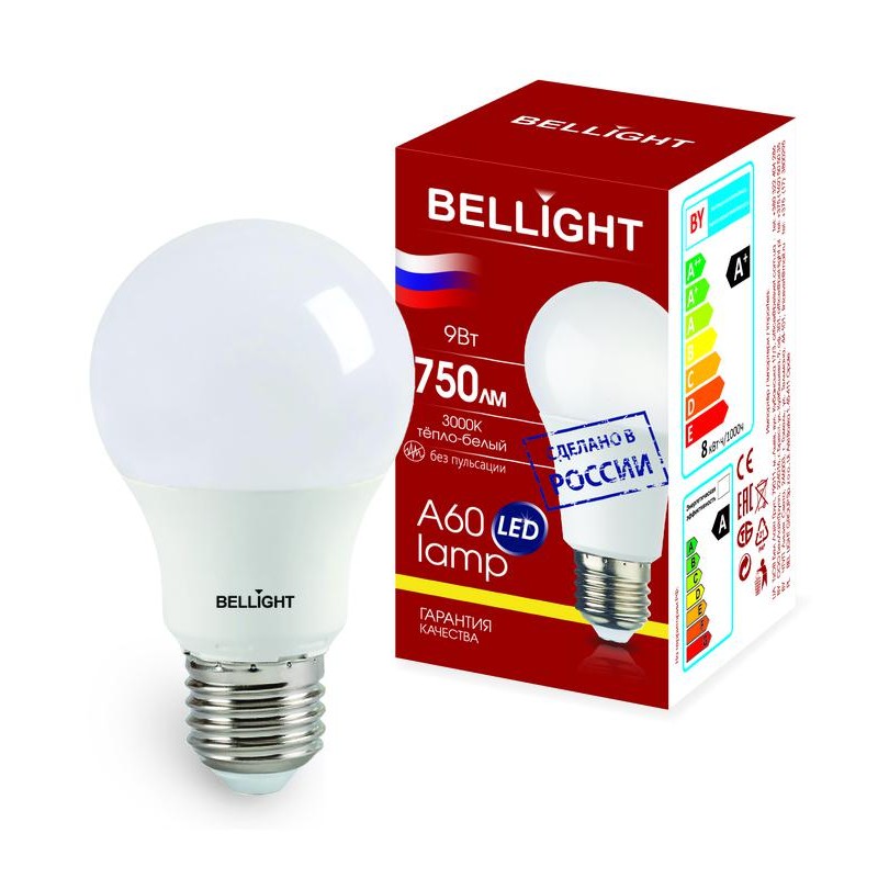Лампа светодиодная LED A60 220В 9Вт E27 750лм 3000К BELLIGHT 88297787