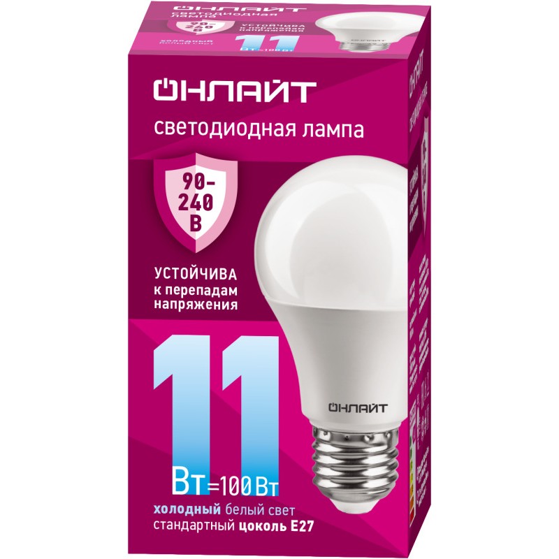 Лампа светодиодная 90 400 OLL-A55-11-230-6.5K-E27 (PRO 90-240В) ОНЛАЙТ 90400