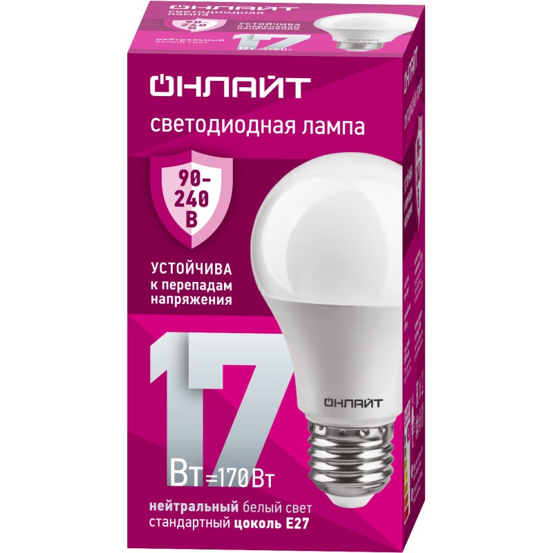 Лампа светодиодная 90 403 OLL-A60-17-230-4K-E27 (PRO 90-240В) ОНЛАЙТ 90403