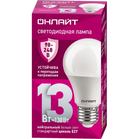 Лампа светодиодная 90 401 OLL-A60-13-230-4K-E27 (PRO 90-240В) ОНЛАЙТ 90401