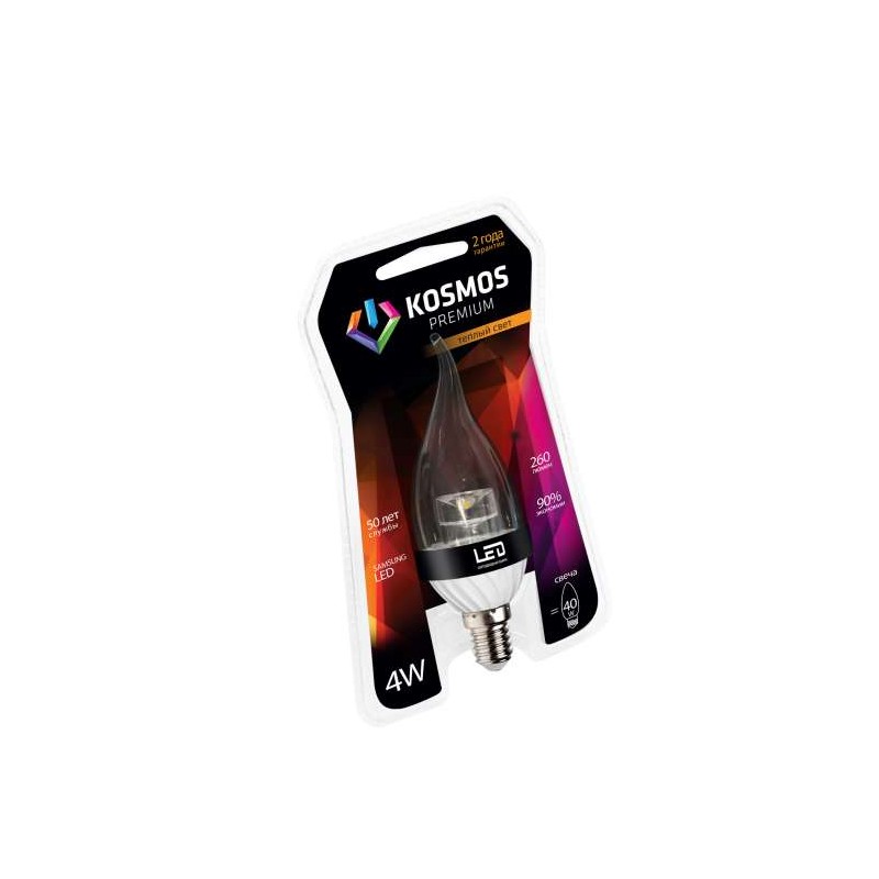 Лампа светодиодная KOSMOS premium 4Вт свеча на ветру прозрачная E14 230В 3000К Космос KLED4wCW230vE1427CL
