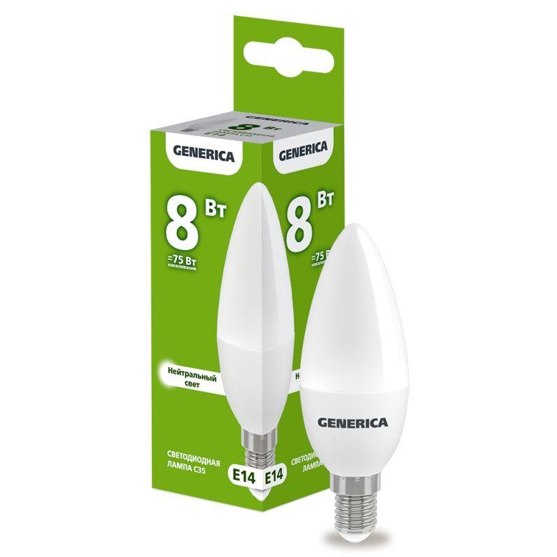 Лампа светодиодная C35 8Вт свеча 4000К E14 230В GENERICA LL-C35-08-230-40-E14-G Лампа светодиодная C35 8Вт свеча 4000К E14 230В GENERICA LL-C35-08-230-40-E14-G