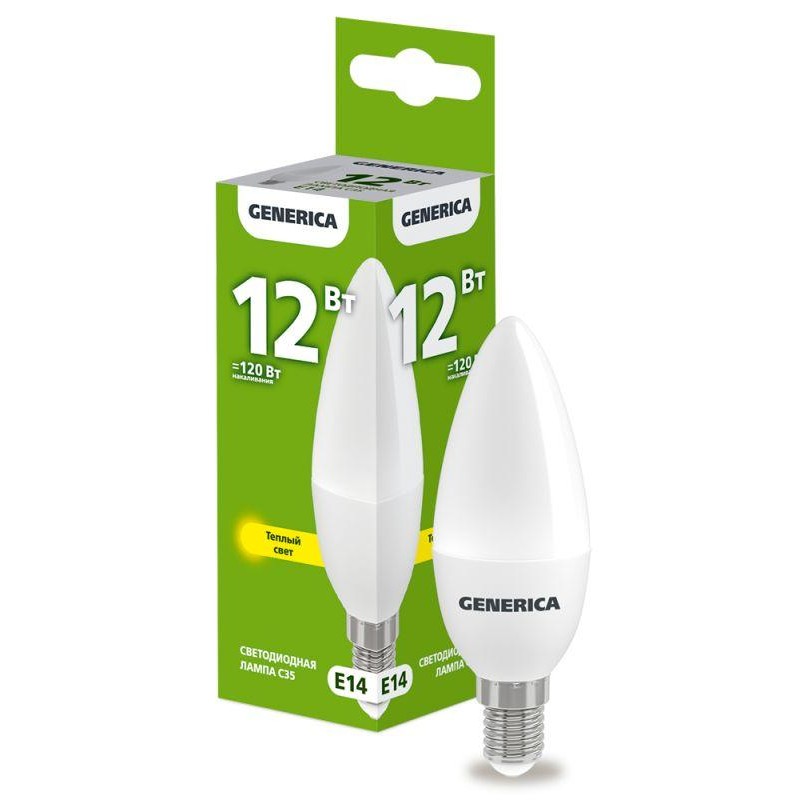 Лампа светодиодная C35 12Вт свеча 3000К E14 230В GENERICA LL-C35-12-230-30-E14-G Лампа светодиодная C35 12Вт свеча 3000К E14 230В GENERICA LL-C35-12-230-30-E14-G