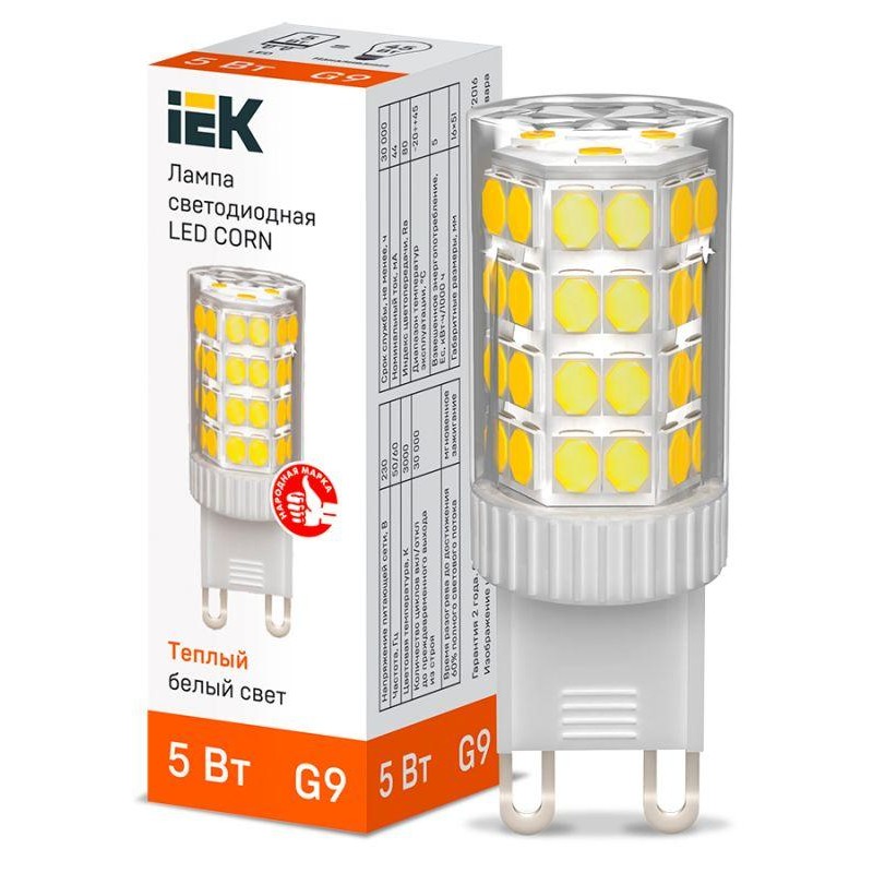 Лампа светодиодная CORN 5Вт капсула 3000К G9 230В керамика IEK LLE-CORN-5-230-30-G9 Лампа светодиодная CORN 5Вт капсула 3000К G9 230В керамика IEK LLE-CORN-5-230-30-G9